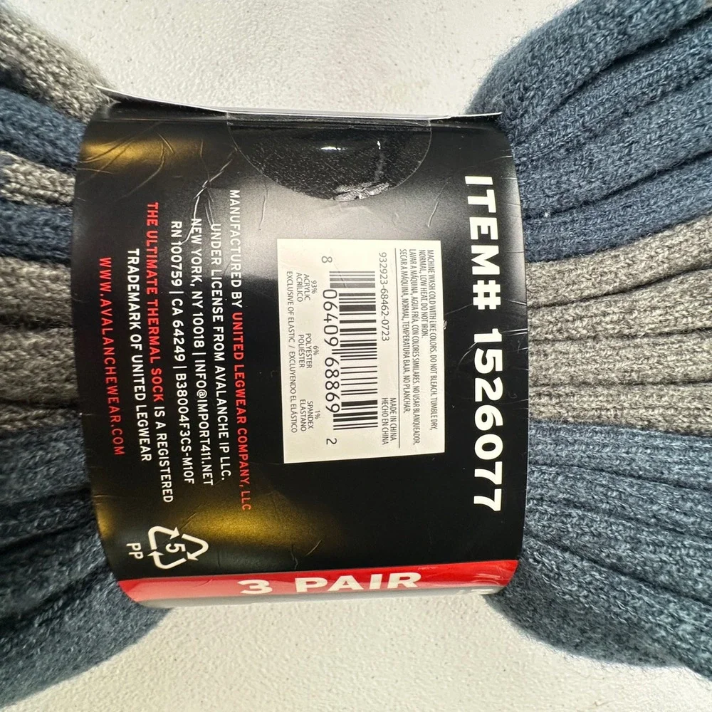 Avalanche Thermal Crew Socks 3 Pair Blue Grey Acrylic Blend Heavy Knit Mens 6-12